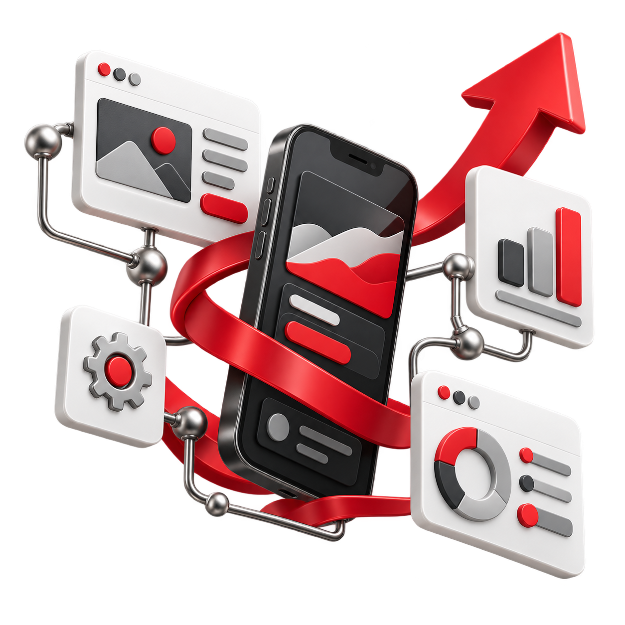 Connected websites, mobile experiences and digital tools illustrated in red, white and charcoal